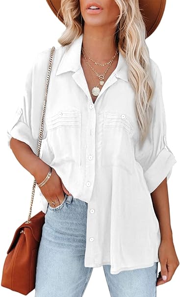 Photo 1 of AlvaQ Womens Button Down V Neck Shirts Long Sleeve Office Casual Business Plain Blouses Tops XL
