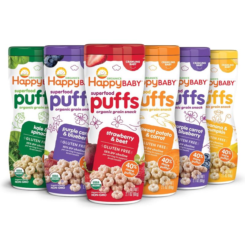 Photo 1 of 6 pack of various flavors- Happy Baby Organic Superfood Puffs 2.1 Ounce Canister Organic Baby or Toddler Snacks, Crunchy Fruit & Veggie Snack, Choline to Support Brain & Eye Health