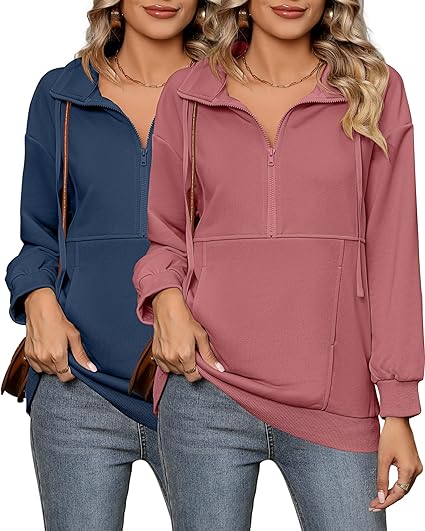 Photo 1 of Ficerd 2 Pack Women's Half Zip Hoodies Long Sleeve Sweatshirt Quarter Zip Pullover Tops Fleece Lapel Outfits with Pockets- Large
