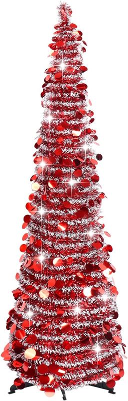 Photo 1 of 5FT Tinsel Pop Up Christmas Tree, Collapsible Christmas Tree with 90 Colorful Lights Skinny Pencil Pop Up Christmas Tree Artificial Xmas Tree for Home Apartment Office Fireplace Party, Red/Green 