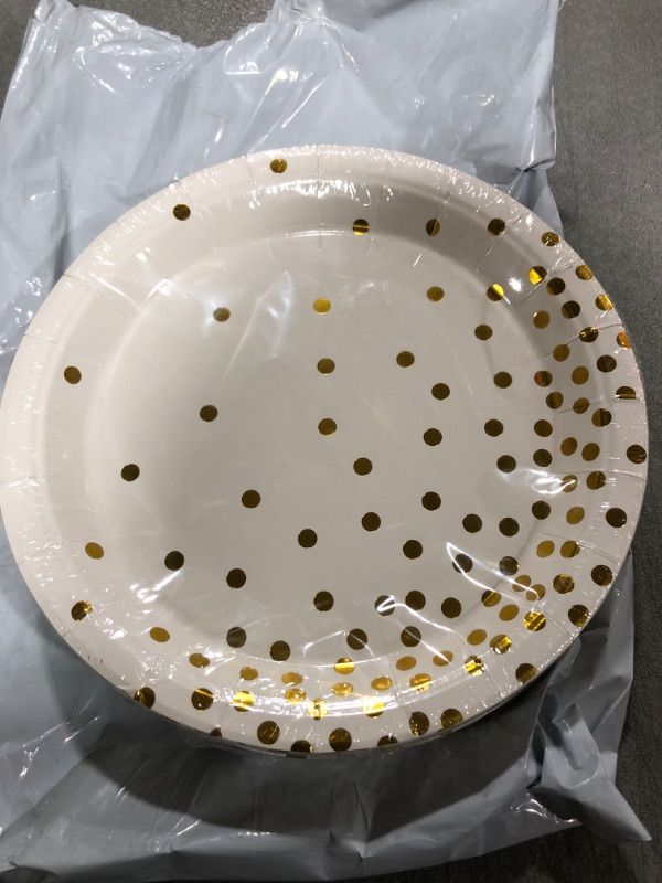 Photo 2 of 50 x 7" White and Gold Paper Plates, Gold Foil Polka Dots Disposable Paper Plates Party Supplies for Graduation, Birthday, Bridal Shower, Holiday,All Occasions 50 PCS