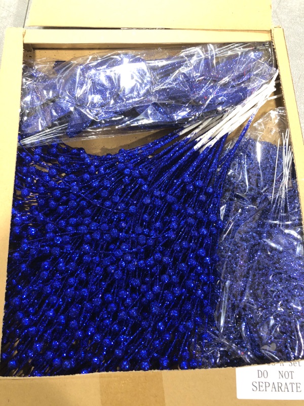 Photo 2 of Yuxung 60 Pcs Christmas Glitter Tree Branches in 3 Styles Include Artificial Glitter Berry Stem,Glitter Leaf Spray and Glitter Pine Needles Fake for Christmas Tree Ornaments,DIY Xmas Wreath (Blue)