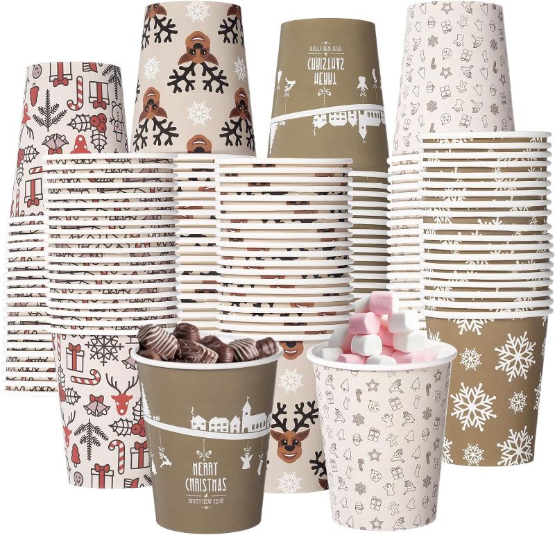 Photo 1 of Zhehao 100 Pcs Christmas Paper Cups 9 oz Disposable Christmas Coffee Cups Xmas Cocoa Chocolate Cups Holiday Snowflake Party Coffee Cups for Christmas Holiday Party Supplies (Elk)
