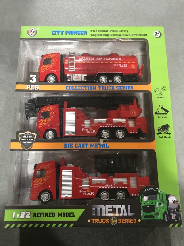 Photo 1 of 3 Pack Fire Truck Toys for Toddlers 3 4 5 6 Years Old Boys Kids Pull Back Car Metal Model Firetrucks Fire Rescue Truck/Ladder Truck/Sprinkler Vehicle Christmas Birthday Gifts