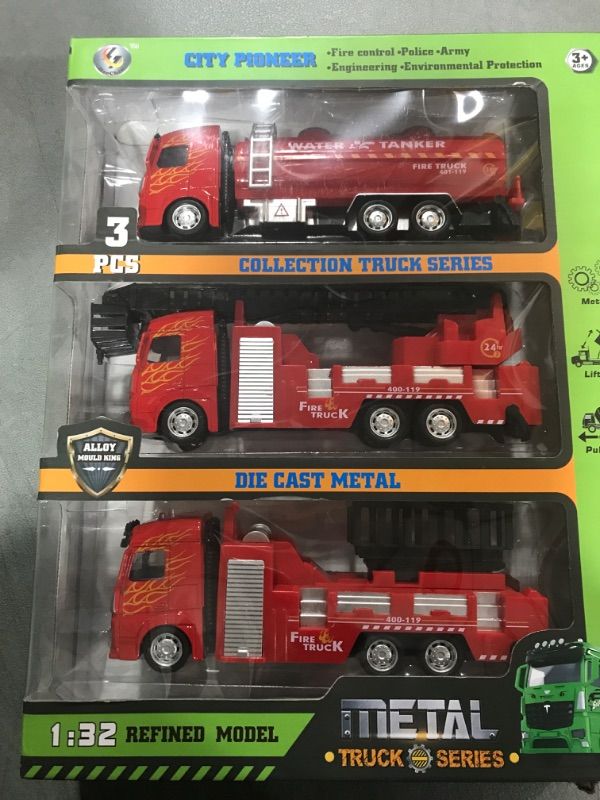 Photo 2 of 3 Pack Fire Truck Toys for Toddlers 3 4 5 6 Years Old Boys Kids Pull Back Car Metal Model Firetrucks Fire Rescue Truck/Ladder Truck/Sprinkler Vehicle Christmas Birthday Gifts