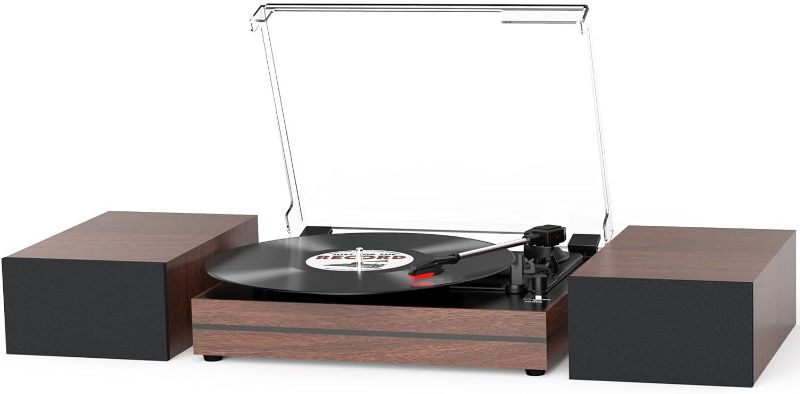 Photo 1 of Record Player for Vinyl with External Speakers, Belt-Drive Turntable Dual Stereo Speakers Vintage LP Support 3 Speed Wireless AUX Headphone Input Auto Stop Music Lover Wood Brown