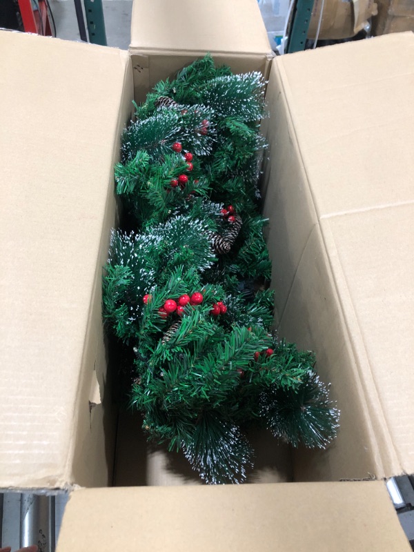 Photo 1 of 9 Ft 100 LED Prelit Artificial Christmas Garland Lights Timer 8 Mode Thick 250 Branch Snowy Bristle 198 Red Berry 18 Big Pinecone Xmas Garland Battery Operated Christmas Decoration Mantle Indoor Home Warm White