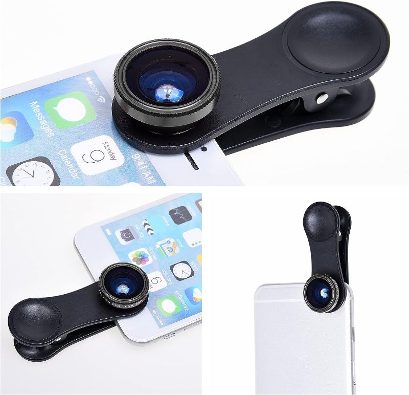 Photo 1 of Universal 3 in 1 Cell Phone Camera Lens Kit for Smartphones Including - Fish Eye Lens / 2 in 1 Macro Lens & Wide Angle Lens/Universal Clip/Carry Pouch/Microfiber Cleaning Cloth
