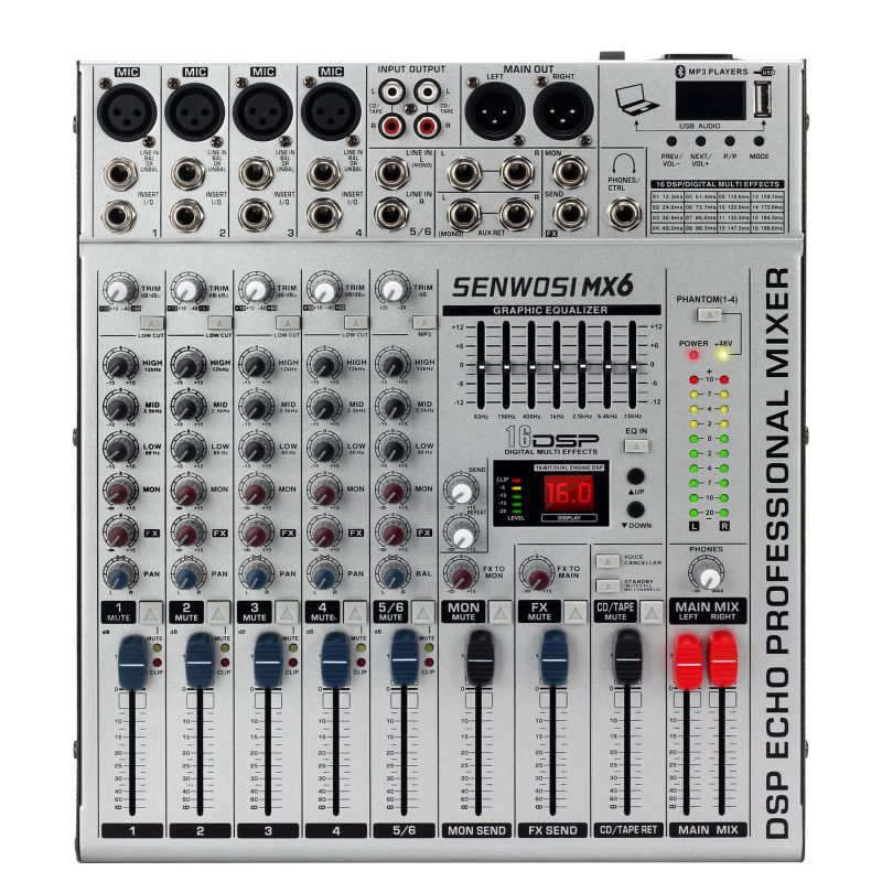 Photo 4 of SENWOSI 6-Channel Audio Mixer,Bluetooth USB PC Recording Input,16 DSP Effects,48V Power,4 Mono 2 Stereo Input Soundboard Audio Mixtape Stereo Equalizer,For Studio or Live (MX-6)