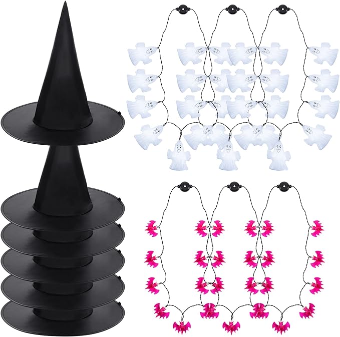 Photo 1 of 12 Pcs Halloween Party Supplies, 6 Halloween Witch Hats and 6 LED Light Up Necklaces, Halloween Pumpkin Ghost Glow Necklaces for Halloween Costume Accessory Party Supplies (Bat and Ghost)
