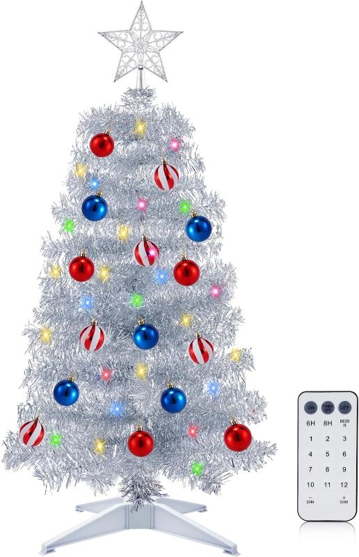 Photo 1 of [ Timer & 12 Modes ] 3 Ft Silver Christmas Tree with DIY 50 Warm White & Multi Color Lights 15 Ball Ornaments 3D Star Remote Control Battery Operated Pencil Full Tree Xmas Christmas Decorations Table