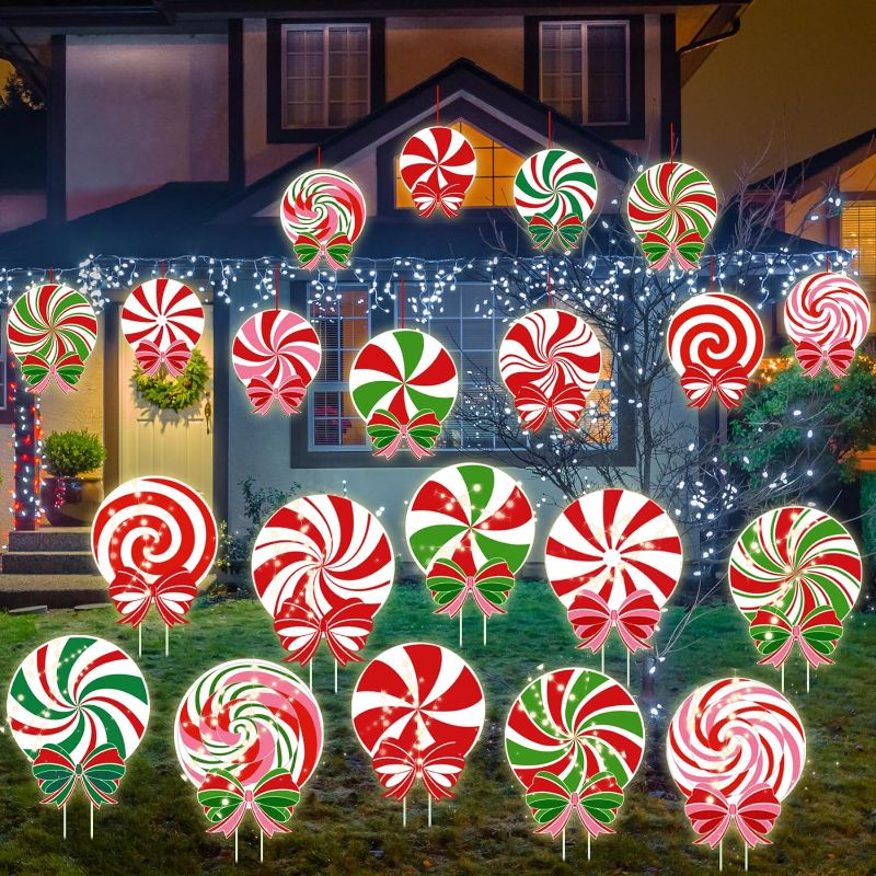 Photo 1 of 24 PCS Christmas Outdoor Yard Signs Candy Decorations Outdoor Peppermint LED Lights Xmas Yard Stakes Hanging Ornaments Holiday Garden Sign Cardboard Signs for Party Porch Lawn Walkway Decor
