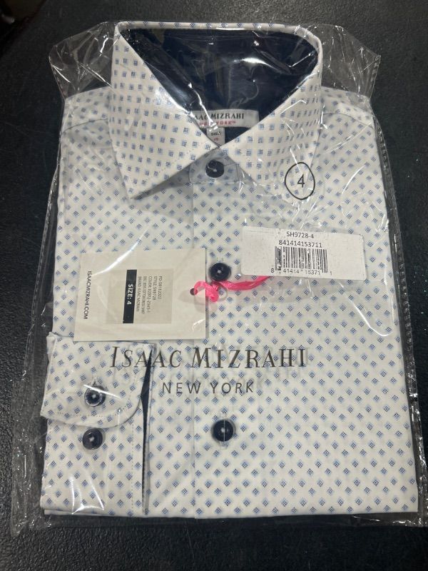 Photo 2 of Isaac Mizrahi Boy's Long Sleeve Diamond Print Button Down Shirt 4 White/Blue