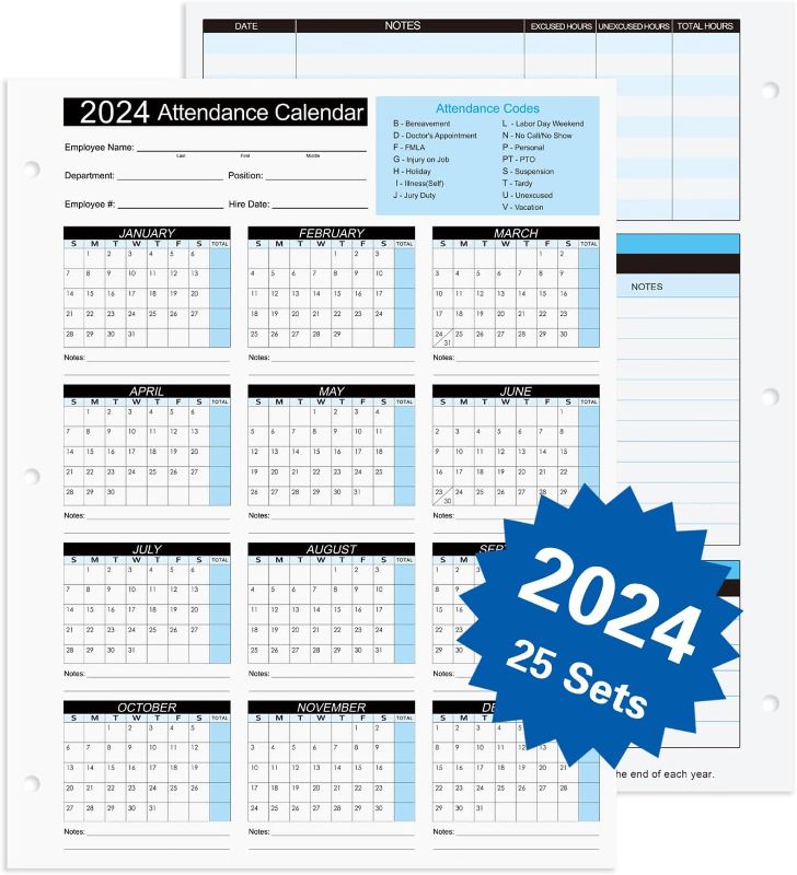 Photo 1 of 2024 Attendance Calendar Work Tracker Attendance Calendar Cards - 8.5 X 11 Cardstock/Pack of 25 Sheets