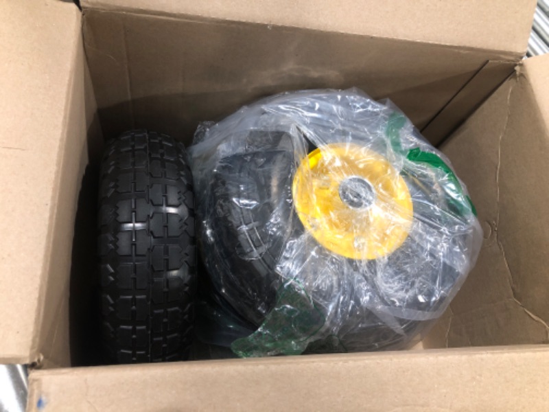 Photo 2 of (4-Pack) 10-Inch Solid Rubber Tires and Wheels - Replacement 4.10/3.50-4" Tires and Wheels with 5/8" Double Sealed Bearings, 2.17" Offset Hub - Perfect for Gorilla Carts Wheelbarrow, Color Yellow