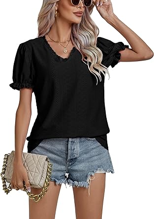 Photo 1 of LYANER Women's Casual Puff Short Sleeve Lace Trim Eyelet V Neck Shirt Blouse Tunic Top, XL