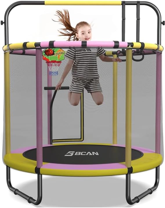 Photo 1 of BCAN 60''/48" Mini Trampoline for Ages 1 to 8 Kid, 5FT Toddler Trampoline - Indoor/Outdoor Use with Enclosure Net, Foam Handle, Adjustable Gymnastics Bars, Basketball Hoop, Gifts for Boys & Girls