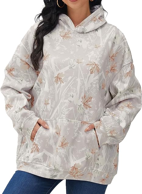 Photo 1 of Eutten Womens Camo Hoodies Maple Leaf Print Oversized Hooded Sweatshirt Fleece Pullover Sweatshirts Long Sleeve with Pocket small
