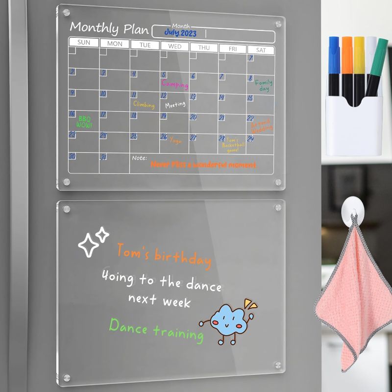 Photo 1 of Magnetic Acrylic Calendar for Fridge, Clear Set of 2 Dry Erase Board Calendars for Fridge Reusable Planner, Includes 6 Colors Markers, Pen Container, and Eraser(12''x16'')
