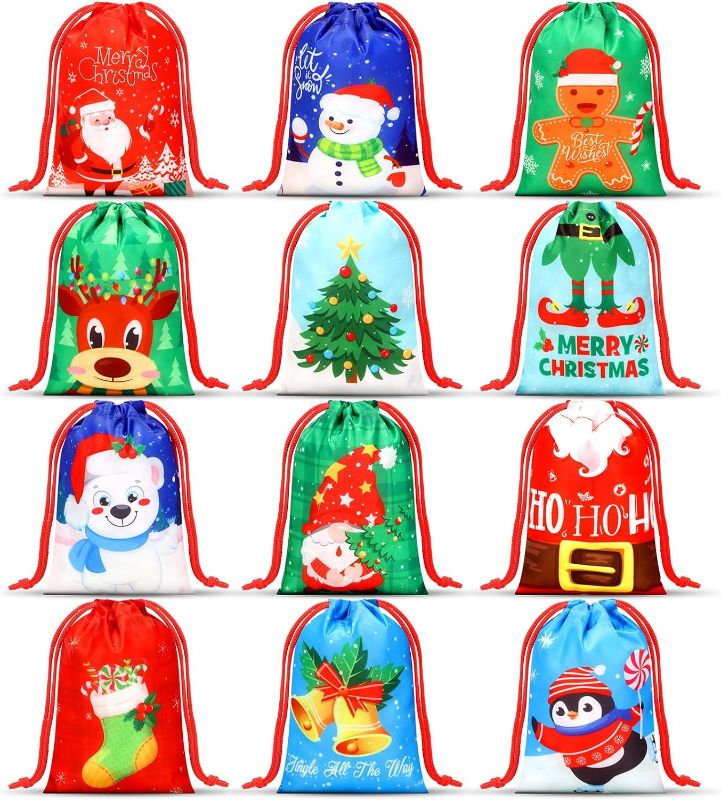 Photo 1 of 24 Pcs Christmas Drawstring Backpack Gift Bags Christmas Goody Treat Bags Santa Claus Xmas Tree Winter Snowflakes Snowman Wrapping Gift Bags for Kids Holiday Birthday Party (5.1 x 7.1 Inch)
