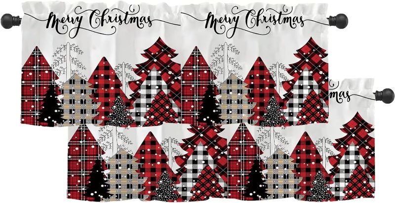 Photo 1 of 2 Pack Merry Christmas Window Valance for Bedroom Living Room, Red Buffalo Plaid Xmas Tree Curtains Valanes for Windows, 3" Rod Pocket Window Treatment for New Year Home Decor, 54 x 18 Inch, 2 Pcs
