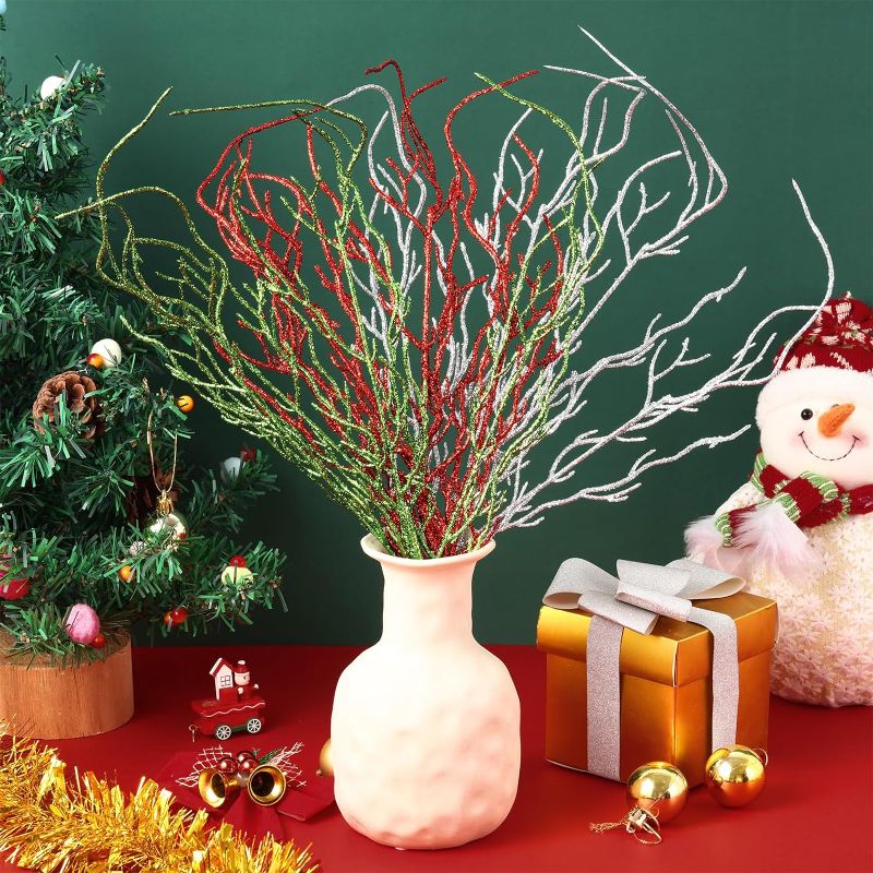 Photo 1 of 12 Christmas Branches Artificial Branches for Vase Glitter Branches Tree Picks Artificial Glitter Berry Stem for Home Kitchen Christmas Table Centerpieces Festival Decor
