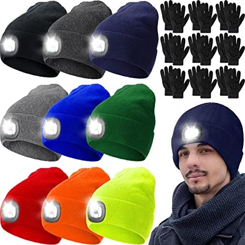 Photo 1 of 9 Pack Unisex Beanie Hat with Light and 9 Pack Winter Gloves Beanie Portable LED USB Rechargeable Headlamp Hat Knitted Night Light Cap Bulk Gifts for Men Women
