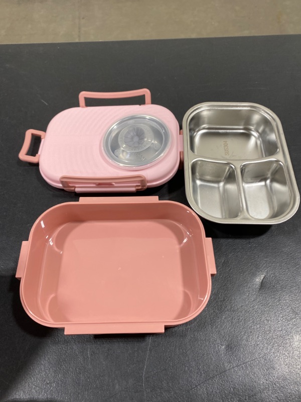 Photo 2 of Puraville Stainless Steel Bento Lunch Box for Kids and Adults,Stackable BPA-Free Food Containers with 3 Compartments and Reusable Sauce Bowl, Fork and Spoon, (1000ml/34oz,PINK )