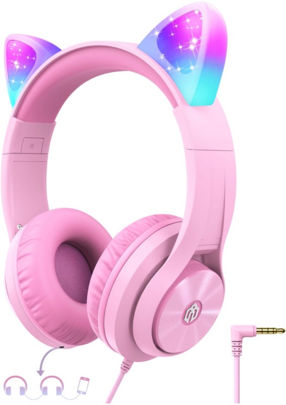 Photo 1 of iClever Kids Headphones with Cat Ear Led Light Up | Safe Volume Limite Kids Wired Headphones | with FunShare Foldable Over-Ear Headphones | for Kids/School/iPad/Tablet/Travel | Meow Donut-Pink