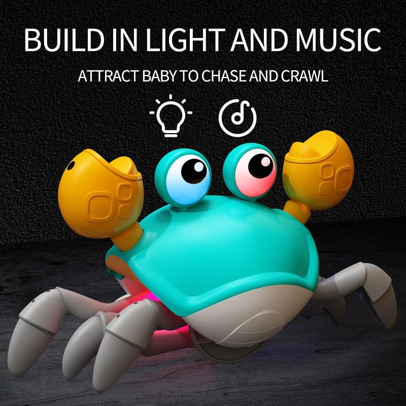 Photo 1 of Deejoy Green Crawling Crab Toys with Light Up, Interactive Musical Toy with Automatically Avoid Obstacles, USB Rechargeable, Fun Moving Toy for Babies, Toddlers and Kids
