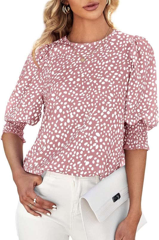 Photo 1 of LYANER Women's Casual Print Crewneck Smocked Short Puff Sleeve Top Shirt Blouse / MEDIUM 