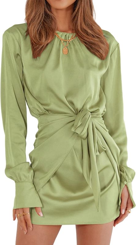 Photo 1 of BTFBM Women Casual Long Sleeve Ruched Wrap Dress Crew Neck Tie Waist Short Dresses Solid Party Dresses Satin Cocktail Dress - SIZE XL  
