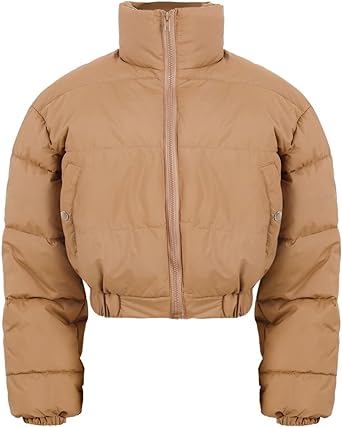 Photo 1 of Kissonic Women's Cropped Quilted Puffer Jacket Winter Faux Leather Padded Parka Coat- Medium Khaki
