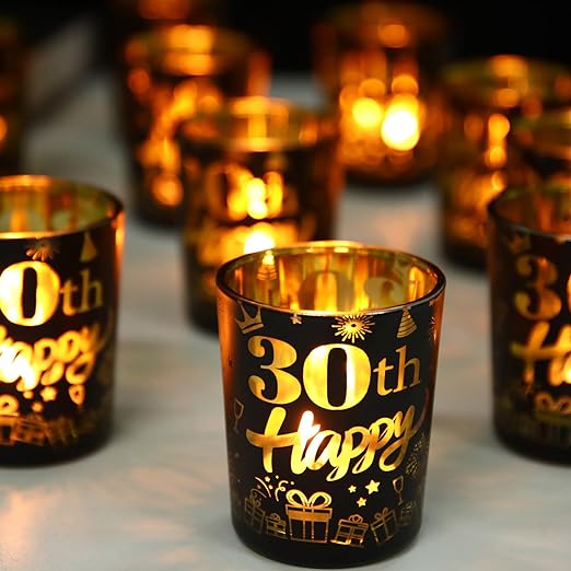 Photo 1 of 30th Birthday Candle Holders for Men, 12 Packs Happy 30th Party Votive Candle Holders, 30th Birthday Decorations for Men Black Gold 30th Anniversary Tea Lights Candle Holders Decorations for Him 