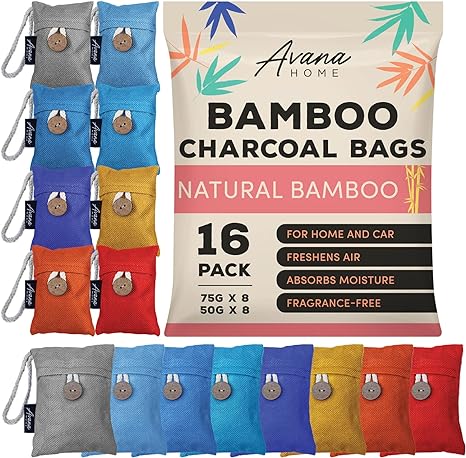 Photo 1 of (16 Pack) Bamboo Charcoal Air Purifying Bag - Charcoal Bags Odor Absorber, for Car, Home & Shoes - Activated Charcoal , Fragrance-Free Odor Eliminator (8x75g, 8x50g)