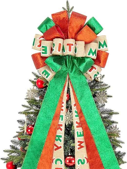 Photo 1 of 
Joeoy Red and Green Christmas Tree Topper Bow, 53"x 13" Large Handmade Christmas Bows Wreath with Long Streamer Glitter Burlap Wired Ribbon for Christmas Tree Deco