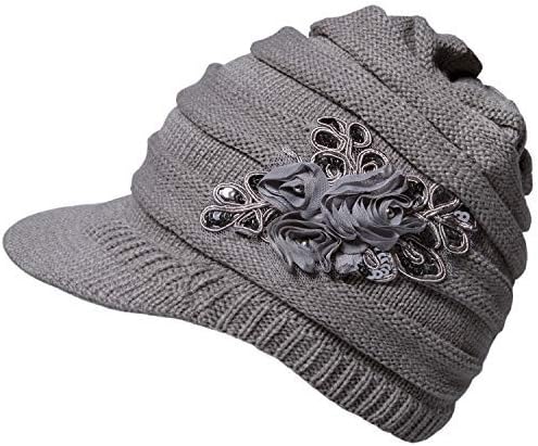 Photo 1 of  YSense Womens Hats Winter Beanie with Brim Warm Cable Knit Newsboy Cap Visor with Sequined Flower
