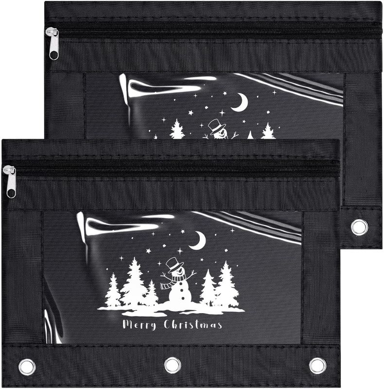 Photo 1 of YoeeJob Pencil Pouch for 3 Ring Binder with Zipper, 2 Pack Large Capacity Christmas Binder Pencil Pouch with Snowman Clear Window for School and Office, Black
