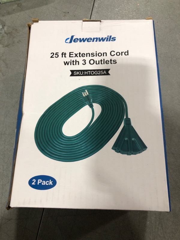 Photo 2 of DEWENWILS 25 FT Green Outdoor Tri-Tap Extension Cord Splitter, Weatherproof 16/3 SJTW Power Cable for Holiday Decoration and Landscaping Lights, ETL Listed, Pack of 2 Green 25 FT