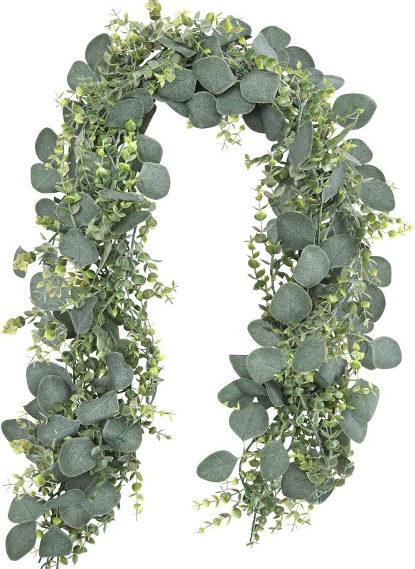 Photo 1 of  5.5ft Artificial Eucalyptus Garland Spring Garland Fake Silver Dollar Greenery Garland Vines Table Runner for Wedding Home Party Mantle Wall Decor
