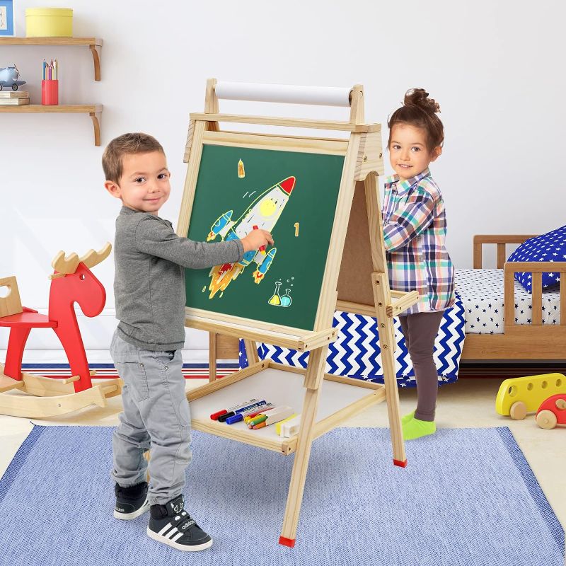 Photo 1 of Kids Easel Wooden Art Easel Adjustable Standing Easel Double-Sided Drawing Easel with Paper Roll Chalkboard & Whiteboard for Kids Toddlers Birthday Holiday Gifts.
