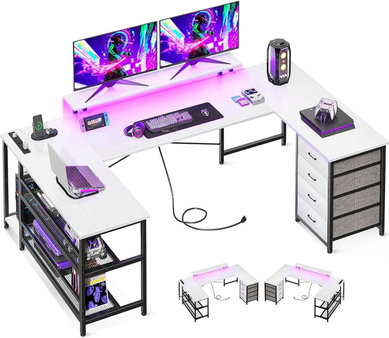 Photo 1 of ODK U Shaped Desk with Power Outlets & LED Strip & Monitor Stand, 66" Reversible L Shaped Desk with Drawers and Storage Shelf, Home Office Gaming Desk, White