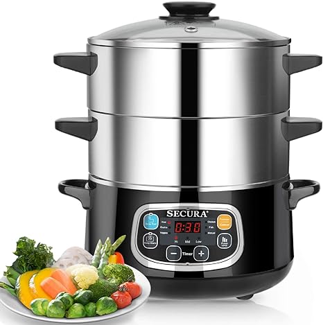 Photo 1 of Secura Electric Food Steamer, Vegetable Double Tiered Stackable Baskets with Timer 1200W Fast Heating Stainless Steel Digital Steamer 8.5 Quart
