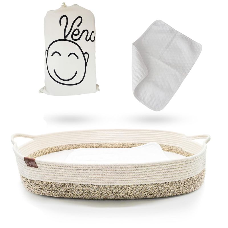 Photo 1 of Baby Changing Basket for Dresser Top - 29.5 x 17 x 6 in, Organic Cotton Rope and Thick Removable Foam Pad, Portable Moses Basket Changing Basket for Babies, Waterproof Changing Pad
