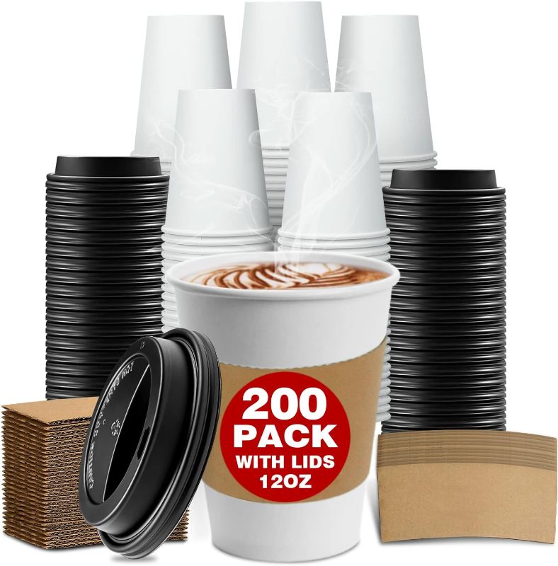 Photo 1 of [200 Pack] 12 oz Thickened Disposable Paper Coffee Cups with Lids and Sleeves,To Go Cups for Hot & Cold Beverages Tea Hot Chocolate
