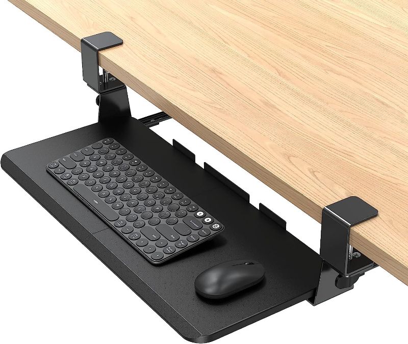 Photo 1 of WOKA Keyboard Tray Under Desk, 26.5 x 11.7" Keyboard Holder, Pull Out Sturdy Clamp on Mount System, Ergonomic Corner Keyboard Tray, Slide Out Computer Keyboard & Mouse Tray for Typing, Black
