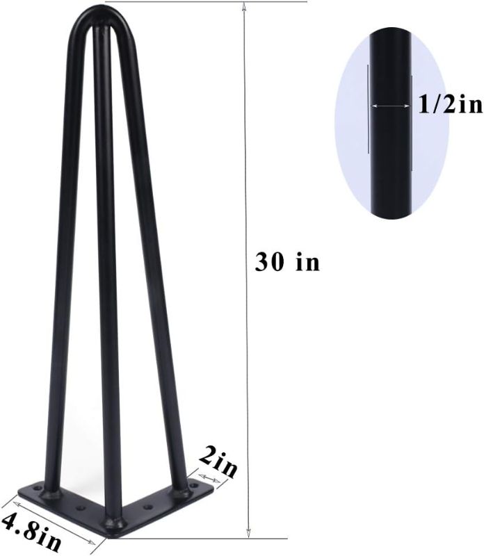 Photo 1 of 30 Inch Hairpin Table Legs 1/2” Dia 3-Rods Hairpin Furniture Feet 4pcs, Heavy Duty Black Hairpin Legs with Floor Protectors for Coffee Table, DIY Desk and Stand