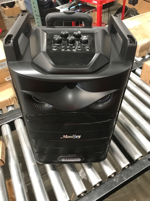 Photo 2 of Moukey Karaoke Machine, PA System Subwoofer, Portable Bluetooth Speaker w/ 2 Wireless Microphones, Lyrics Display Holder, Party Lights & Echo/Treble/Bass Adjustment, Support TWS/REC/AUX/MP3/USB/TF/FM 10" Subwoofer