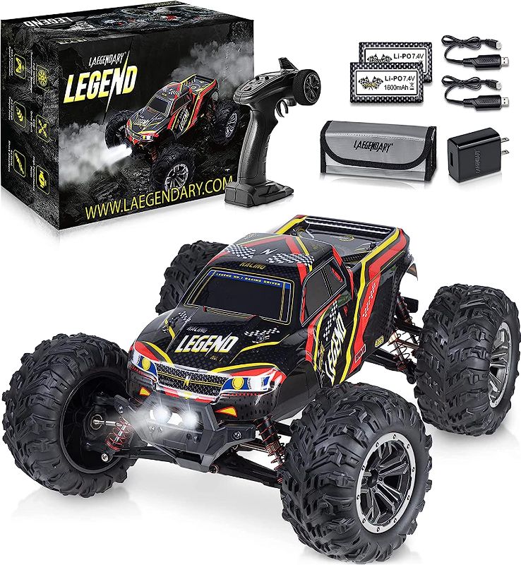 Photo 1 of MISSING CHARGER / ACCESORIES - AS IS - LAEGENDARY Fast RC Cars for Adults and Kids - 4x4, Off-Road Remote Control Car - Battery-Powered, Hobby Grade, Waterproof Monster RC Truck - Toys and Gifts for Boys, Girls and Teens Purple - Yellow Purple Yellow Up t
