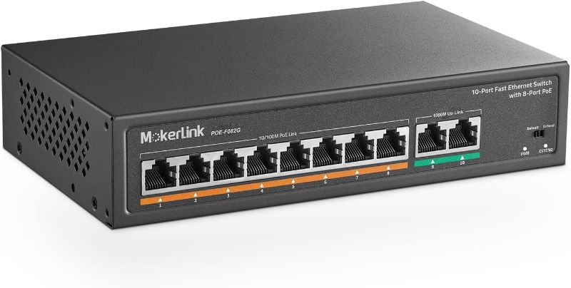 Photo 1 of MokerLink 8 Port PoE Switch with 2 Gigabit Uplink, 802.3af/at PoE+ 100Mbps, 120W Built-in Power, Extend to 250Meter, Metal Plug & Play
